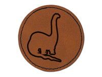 Brachiosaurus Dinosaur Outline Round Iron-On Engraved Faux Leather Patch Applique - 2.5"