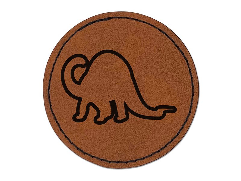 Brontosaurus Dinosaur Outline Round Iron-On Engraved Faux Leather Patch Applique - 2.5"