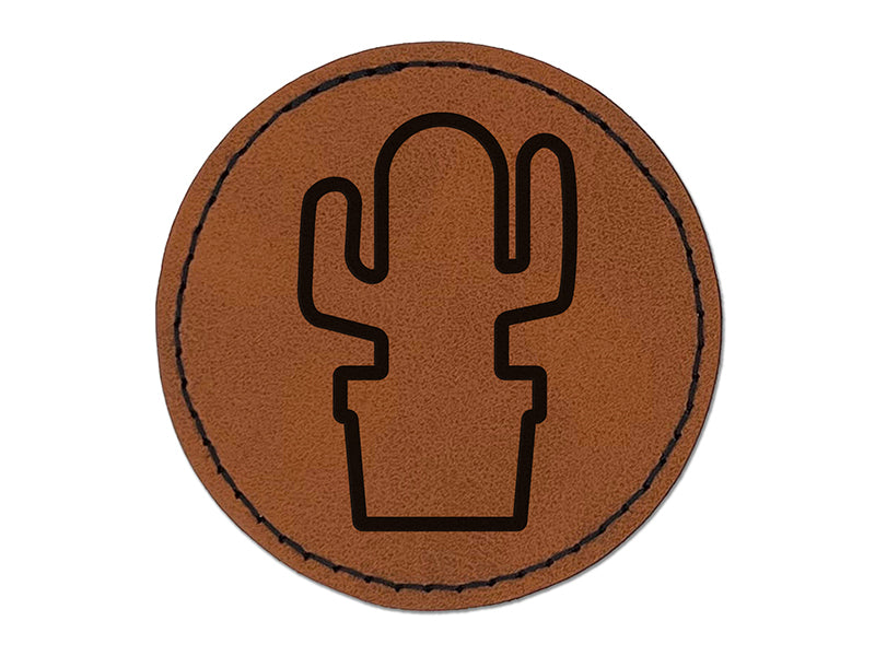 Cactus in Pot Outline Round Iron-On Engraved Faux Leather Patch Applique - 2.5"