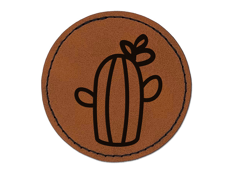 Cactus Succulent with Flower Doodle Round Iron-On Engraved Faux Leather Patch Applique - 2.5"