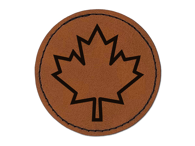 Canada Maple Leaf Outline Round Iron-On Engraved Faux Leather Patch Applique - 2.5"