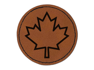 Canada Maple Leaf Outline Round Iron-On Engraved Faux Leather Patch Applique - 2.5"