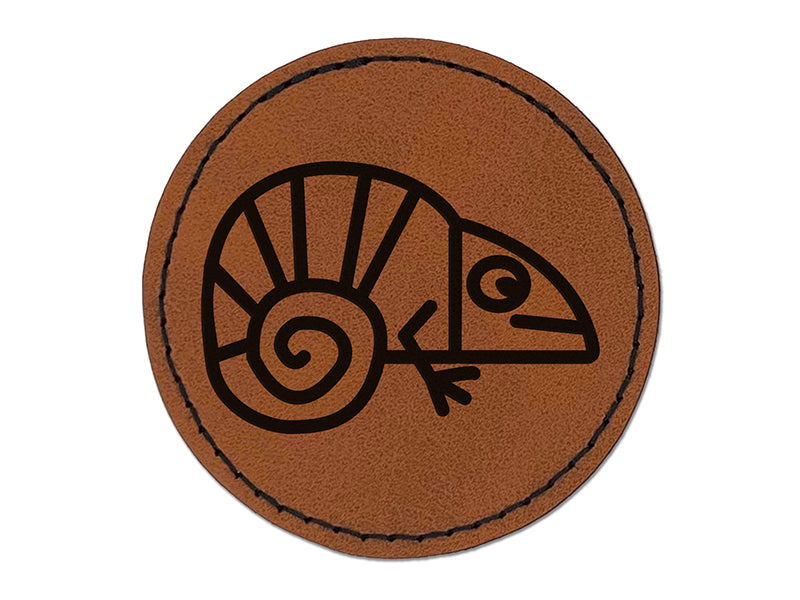 Chameleon Lizard Doodle Round Iron-On Engraved Faux Leather Patch Applique - 2.5"