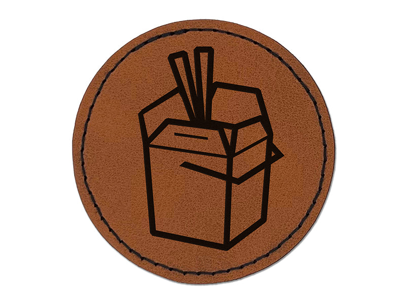 Chinese Food Take Out Away Doodle Round Iron-On Engraved Faux Leather Patch Applique - 2.5"