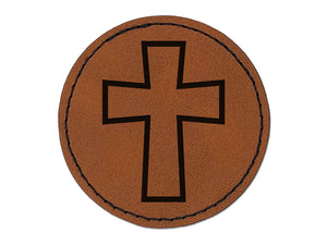 Cross Angled Christian Church Religion Outline Round Iron-On Engraved Faux Leather Patch Applique - 2.5"