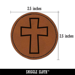 Cross Angled Christian Church Religion Outline Round Iron-On Engraved Faux Leather Patch Applique - 2.5"