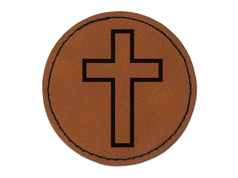 Cross Christian Church Religion Outline Round Iron-On Engraved Faux Leather Patch Applique - 2.5"