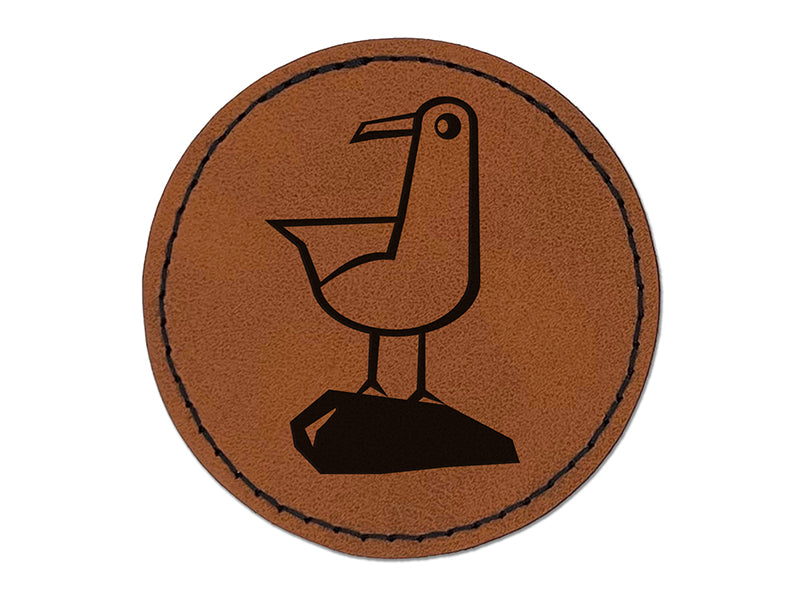 Cute Seagull Bird on Rock Round Iron-On Engraved Faux Leather Patch Applique - 2.5"