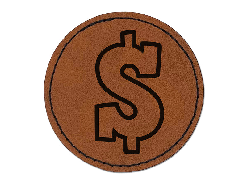 Dollar Sign Money Symbol Outline Round Iron-On Engraved Faux Leather Patch Applique - 2.5"