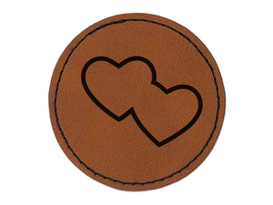 Double Heart Symbol Outline Round Iron-On Engraved Faux Leather Patch Applique - 2.5"