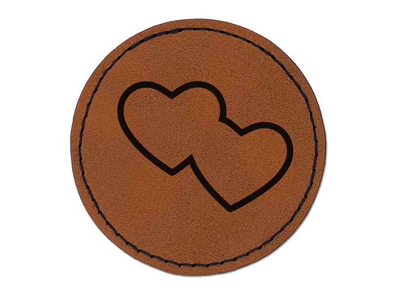 Double Heart Symbol Outline Round Iron-On Engraved Faux Leather Patch Applique - 2.5"