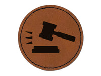 Gavel Judge Lawyer Icon Round Iron-On Engraved Faux Leather Patch Applique - 2.5"