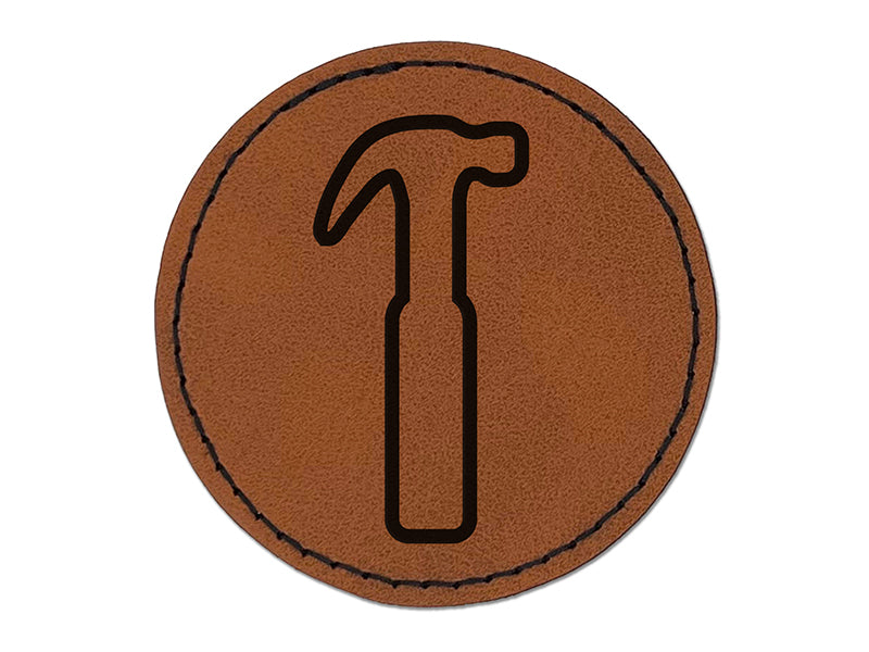 Hammer Tool Outline Round Iron-On Engraved Faux Leather Patch Applique - 2.5"