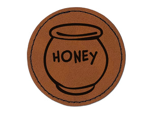 Honey Pot Doodle Bee Round Iron-On Engraved Faux Leather Patch Applique - 2.5"