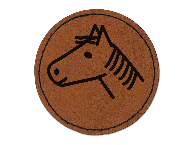 Horse Head Profile Doodle Round Iron-On Engraved Faux Leather Patch Applique - 2.5"