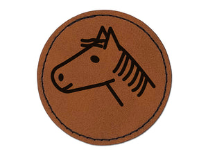 Horse Head Profile Doodle Round Iron-On Engraved Faux Leather Patch Applique - 2.5"