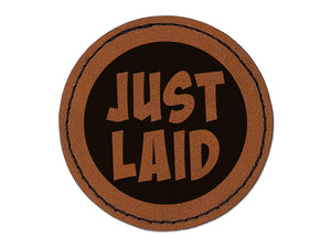 Just Laid Egg in Circle Round Iron-On Engraved Faux Leather Patch Applique - 2.5"