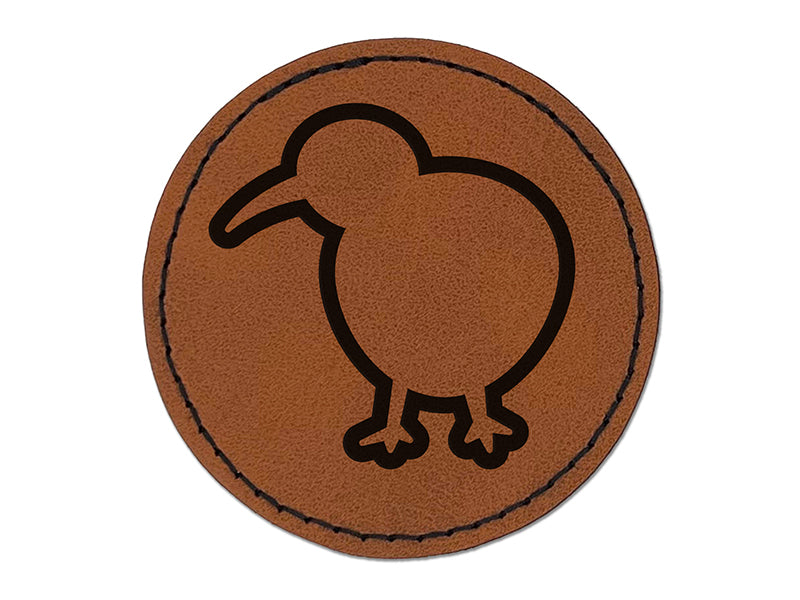 Kiwi Bird Outline Round Iron-On Engraved Faux Leather Patch Applique - 2.5"