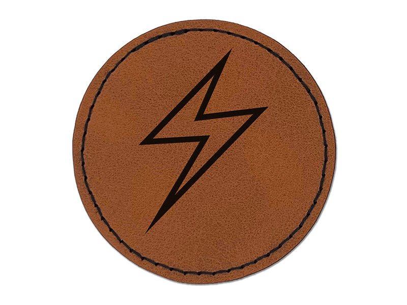 Lightning Bolt Thunderbolt Outline Round Iron-On Engraved Faux Leather Patch Applique - 2.5"