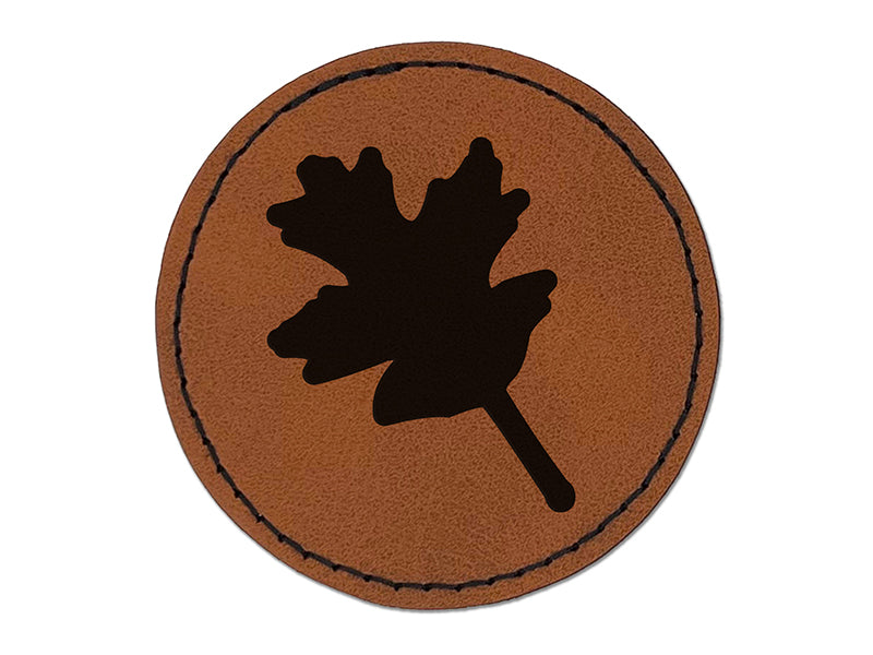 Oak Leaf Solid Round Iron-On Engraved Faux Leather Patch Applique - 2.5"