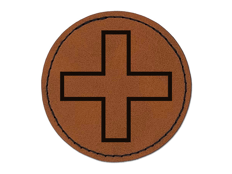 Plus Sign Outline Round Iron-On Engraved Faux Leather Patch Applique - 2.5"