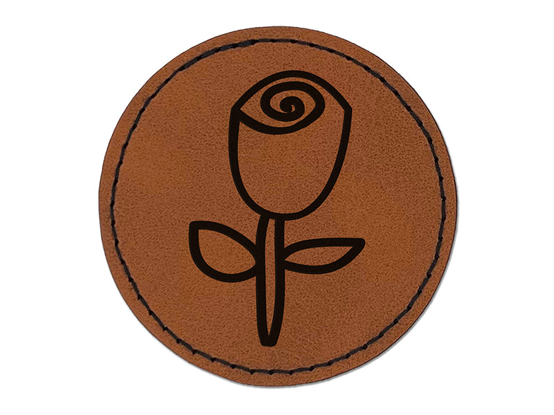 Rose Stem Flower Doodle Round Iron-On Engraved Faux Leather Patch Applique - 2.5"