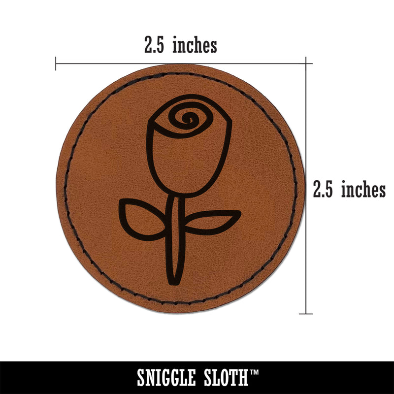 Rose Stem Flower Doodle Round Iron-On Engraved Faux Leather Patch Applique - 2.5"