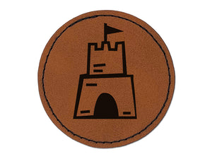 Sand Castle Doodle Round Iron-On Engraved Faux Leather Patch Applique - 2.5"