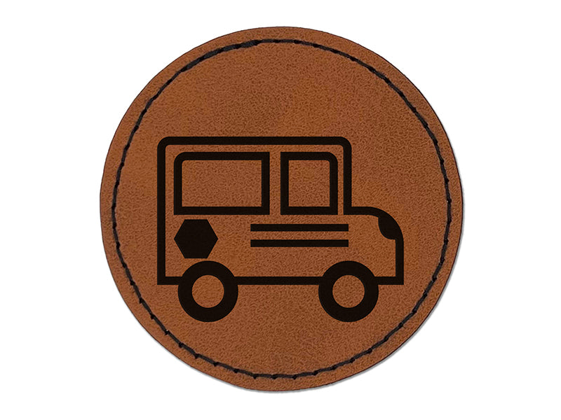 School Bus Icon Round Iron-On Engraved Faux Leather Patch Applique - 2.5"