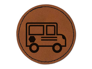 School Bus Icon Round Iron-On Engraved Faux Leather Patch Applique - 2.5"