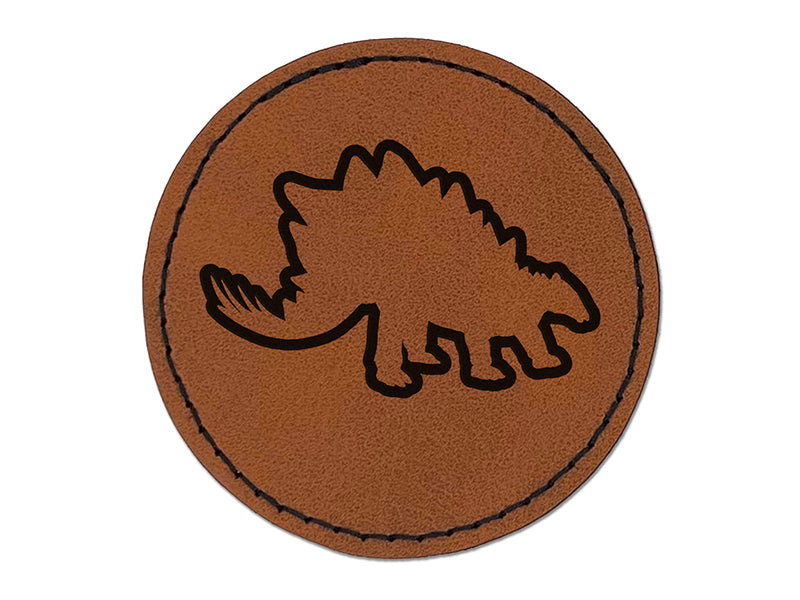 Stegosaurus Dinosaur Outline Round Iron-On Engraved Faux Leather Patch Applique - 2.5"