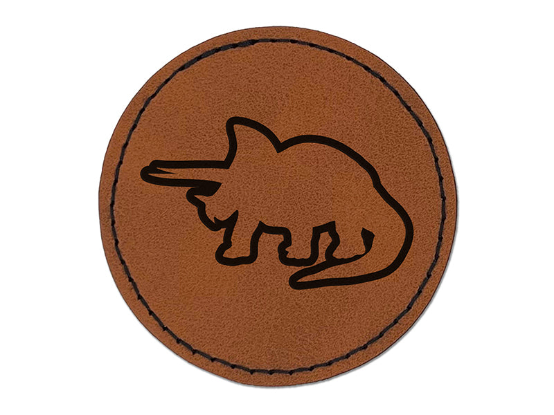 Triceratops Dinosaur Outline Round Iron-On Engraved Faux Leather Patch Applique - 2.5"