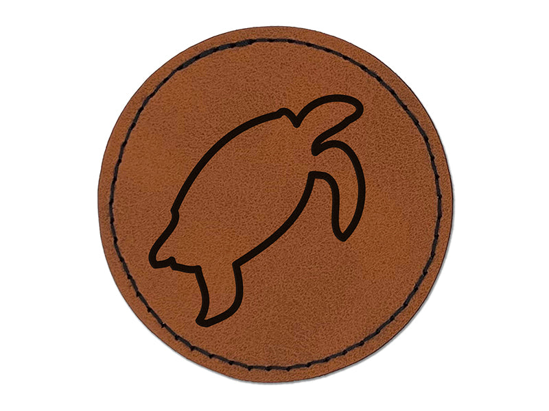 Turtle Swimming Outline Round Iron-On Engraved Faux Leather Patch Applique - 2.5"