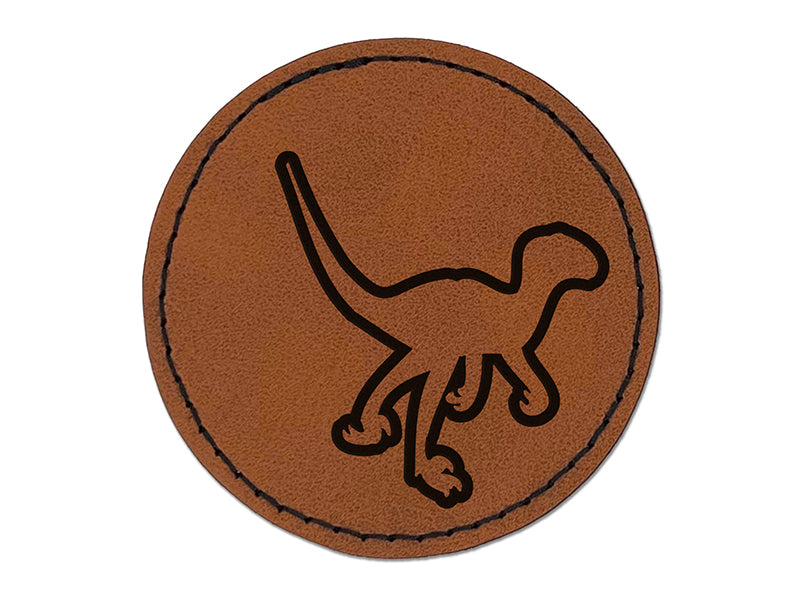 Velociraptor Dinosaur Outline Round Iron-On Engraved Faux Leather Patch Applique - 2.5"