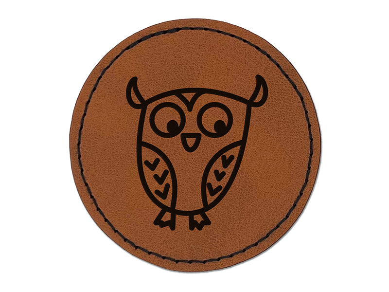 Wary Owl Round Iron-On Engraved Faux Leather Patch Applique - 2.5"