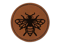 Bee Drawing Round Iron-On Engraved Faux Leather Patch Applique - 2.5"