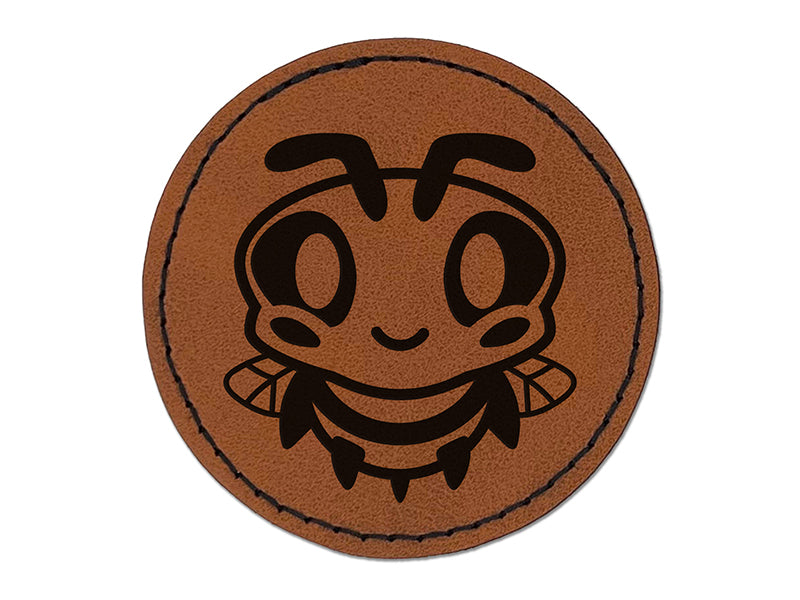 Cute Bee Happy Round Iron-On Engraved Faux Leather Patch Applique - 2.5"