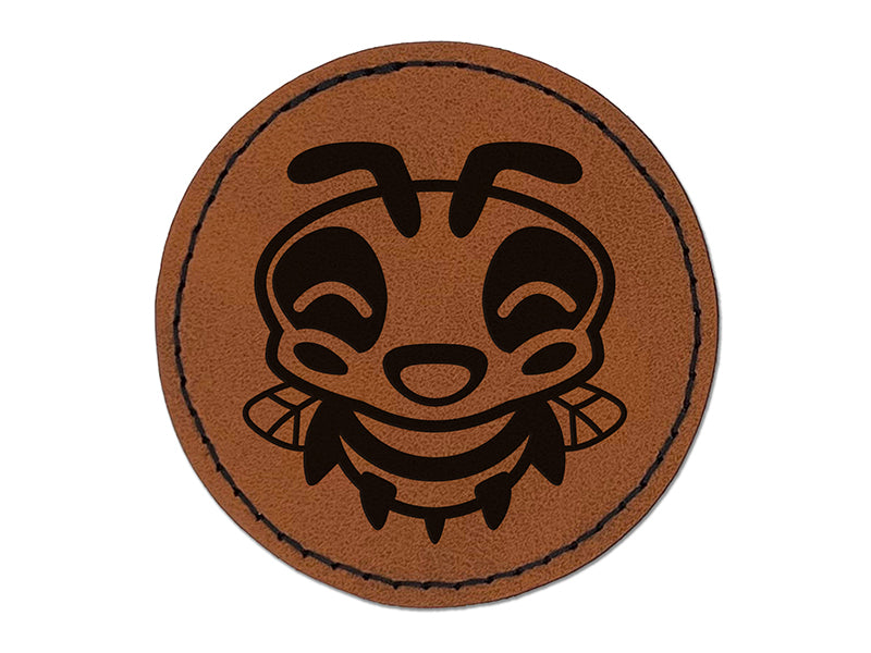 Cute Bee Laughing LOL Round Iron-On Engraved Faux Leather Patch Applique - 2.5"