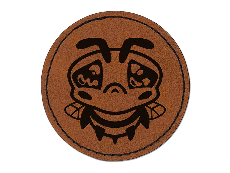 Cute Bee Sad Round Iron-On Engraved Faux Leather Patch Applique - 2.5"