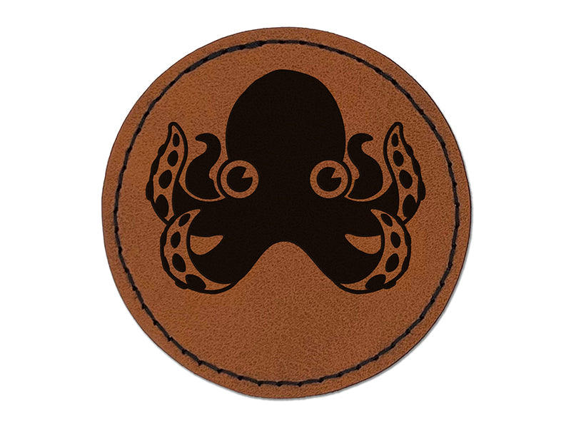 Cute Octopus Round Iron-On Engraved Faux Leather Patch Applique - 2.5"