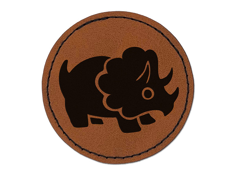 Cute Triceratops Dinosaur Round Iron-On Engraved Faux Leather Patch Applique - 2.5"