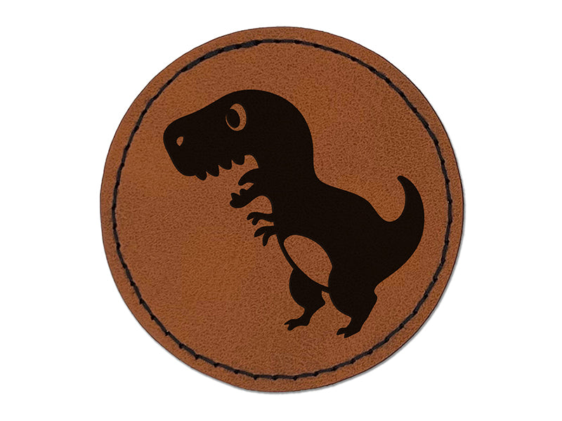Cute Tyrannosaurus Rex Dinosaur Round Iron-On Engraved Faux Leather Patch Applique - 2.5"