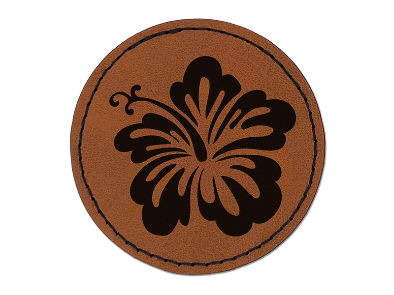 Pretty Hibiscus Flower Tropical Round Iron-On Engraved Faux Leather Patch Applique - 2.5"