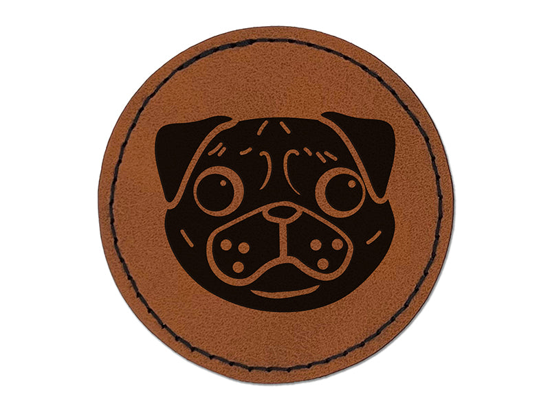 Pug Face Round Iron-On Engraved Faux Leather Patch Applique - 2.5"