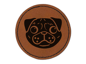 Pug Face Round Iron-On Engraved Faux Leather Patch Applique - 2.5"