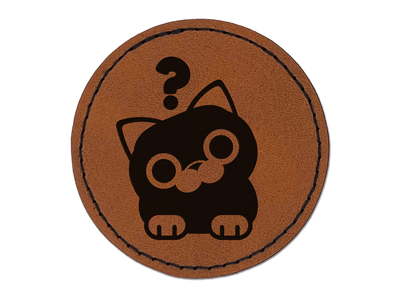 Round Cat Curious Round Iron-On Engraved Faux Leather Patch Applique - 2.5"