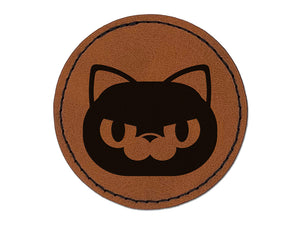 Round Cat Face Angry Round Iron-On Engraved Faux Leather Patch Applique - 2.5"