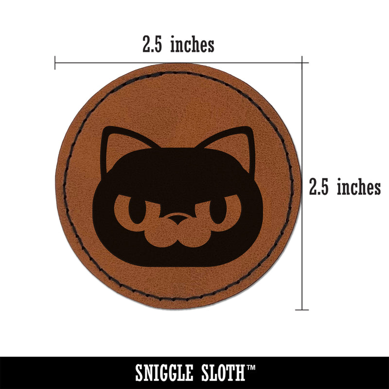 Round Cat Face Angry Round Iron-On Engraved Faux Leather Patch Applique - 2.5"