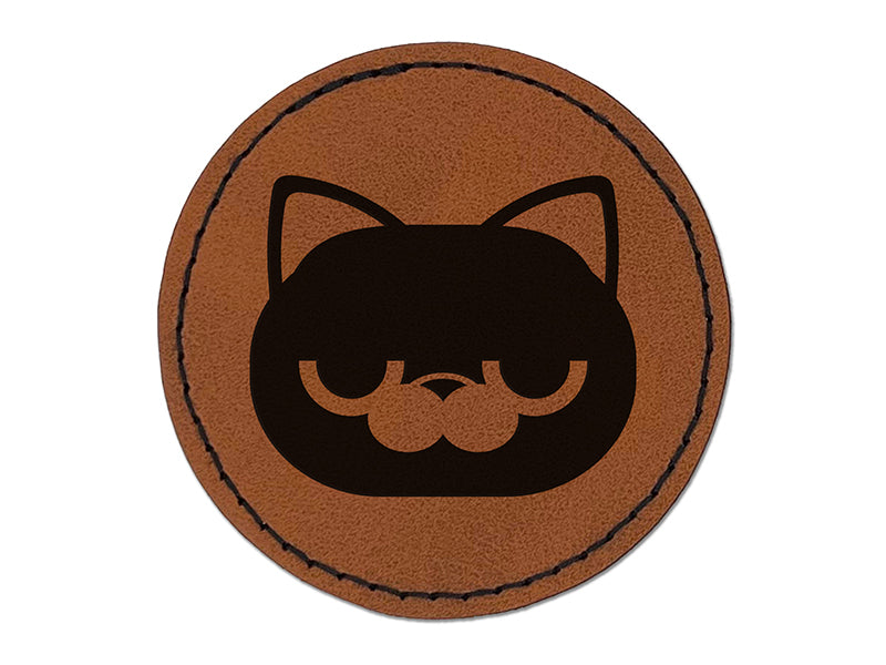 Round Cat Face Bored Round Iron-On Engraved Faux Leather Patch Applique - 2.5"