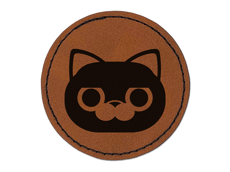 Round Cat Face Concerned Round Iron-On Engraved Faux Leather Patch Applique - 2.5"